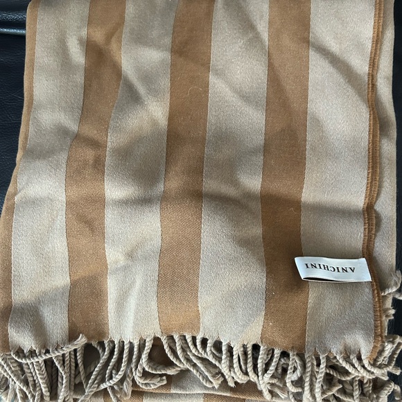 Tan and Cream Striped Blanket with Fringe